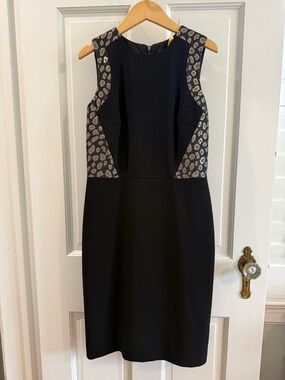 Ann Taylor Black Sheath Dress with Metallic Leopard Accents